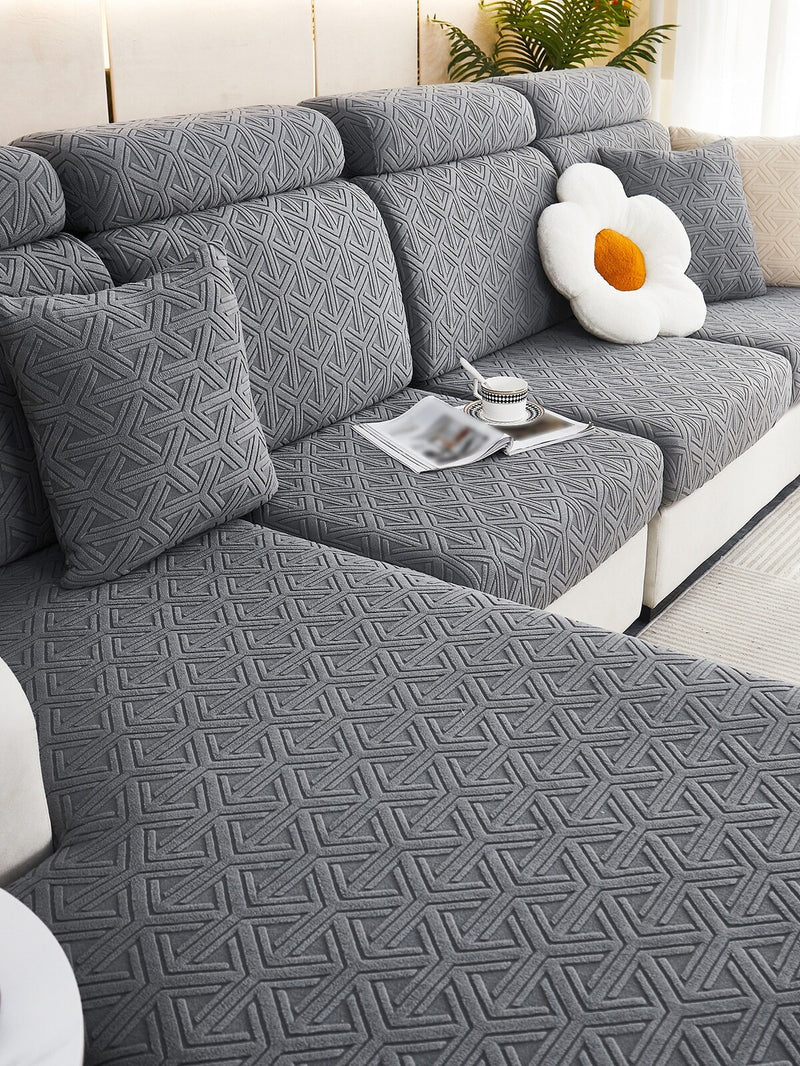 1pc Grey Geometric Jacquard Sofa Seat Cushion Cover, Nordic Polyester Anti-slip Sofa Cushion Cover For Sofa