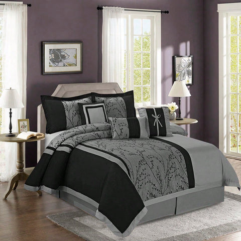 7 Piece Jacquard Patchwork Comforter Set, Floral Pattern - Breathable Bedding Set Queen/King