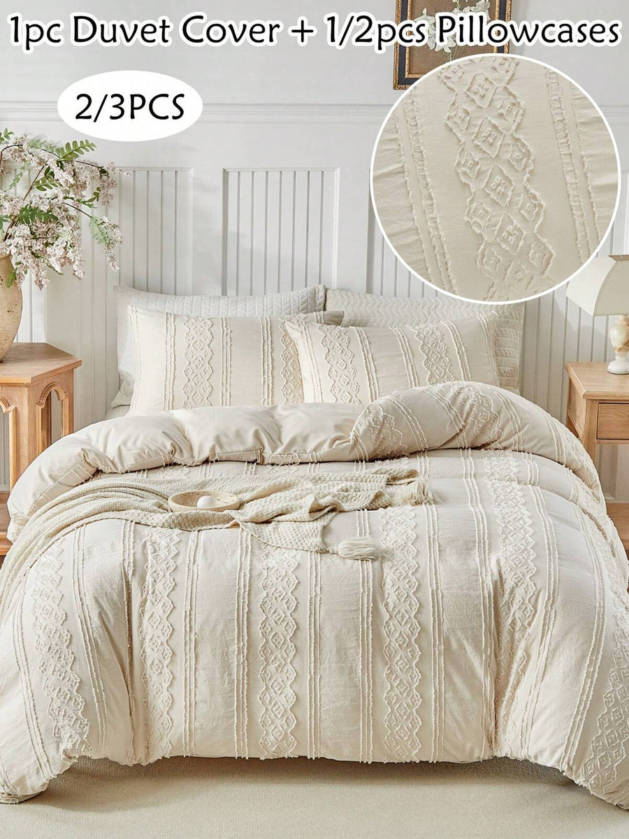 2/3pcs Tufted Polyester Duvet Cover Set, Vintage Bohemian Style Bedding Set, Suitable For All Seasons, Simple Rustic Duvet Cover, Soft & Breathable, Durable, Machine Washable (1 Duvet Cover + 1/2 Pillowcase, Excluding Filler)