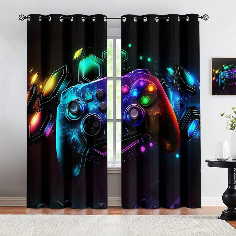 2pcs Vibrant Video Game Controller Print Curtains - Durable Polyester, Semi-Blackout, Machine Washable, With Grommets - Great For Bedroom, Kitchen, Living Room Decor, 2D Print Effect Lightweight Home Decor Curtains