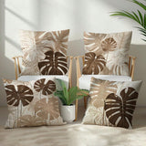 4pcs Vintage Coffee Color Botanical Monstera Leaf Pattern Cushion Covers, Single-Sided Printed Skin-Friendly Peach Skin Velvet Material, 45*45CM Pillowcases Suitable For Room Decor, Indoor Sofa Living Room Decor Party Decor, Decorative Cushion Covers Gift